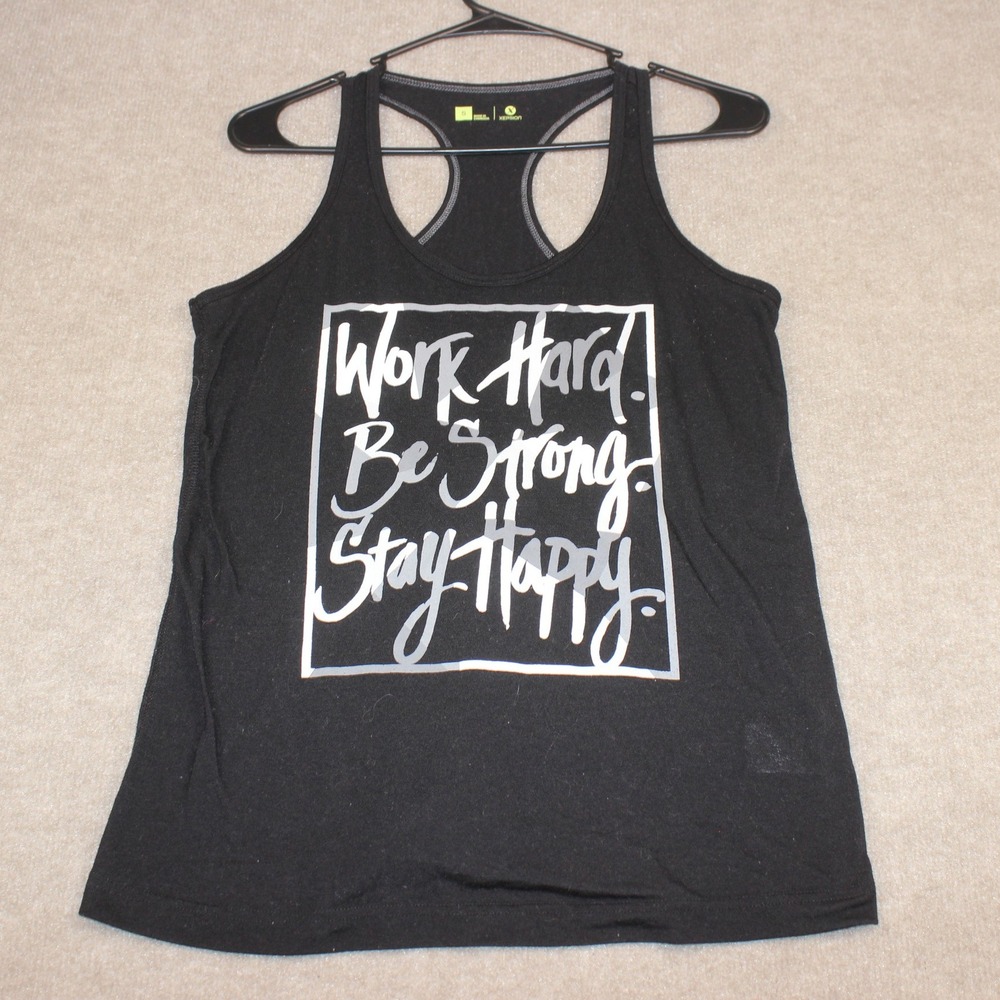 Xersion Womens Black Graphic Racerback Activewear Tank Top Work Hard Be Strong S